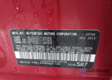 2016 Mitsubishi Lancer Es из США, поврежденный, VIN JA32V2FW9GU002736